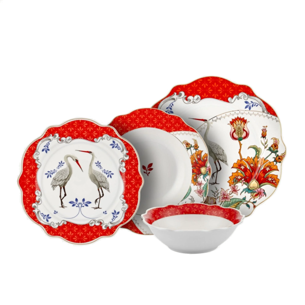Chiara Alessi Allure Kırmızı Leylek Desenli 24 Parça Porselen Yemek Takımı