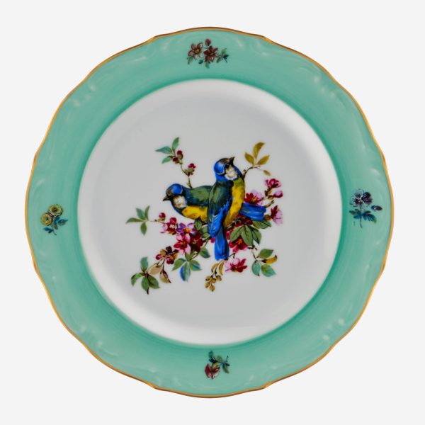 Chiara Alessi Flores Altın Dekorlu Mavi Kuşlu Yeşil Porselen Pasta Tabağı 19 Cm